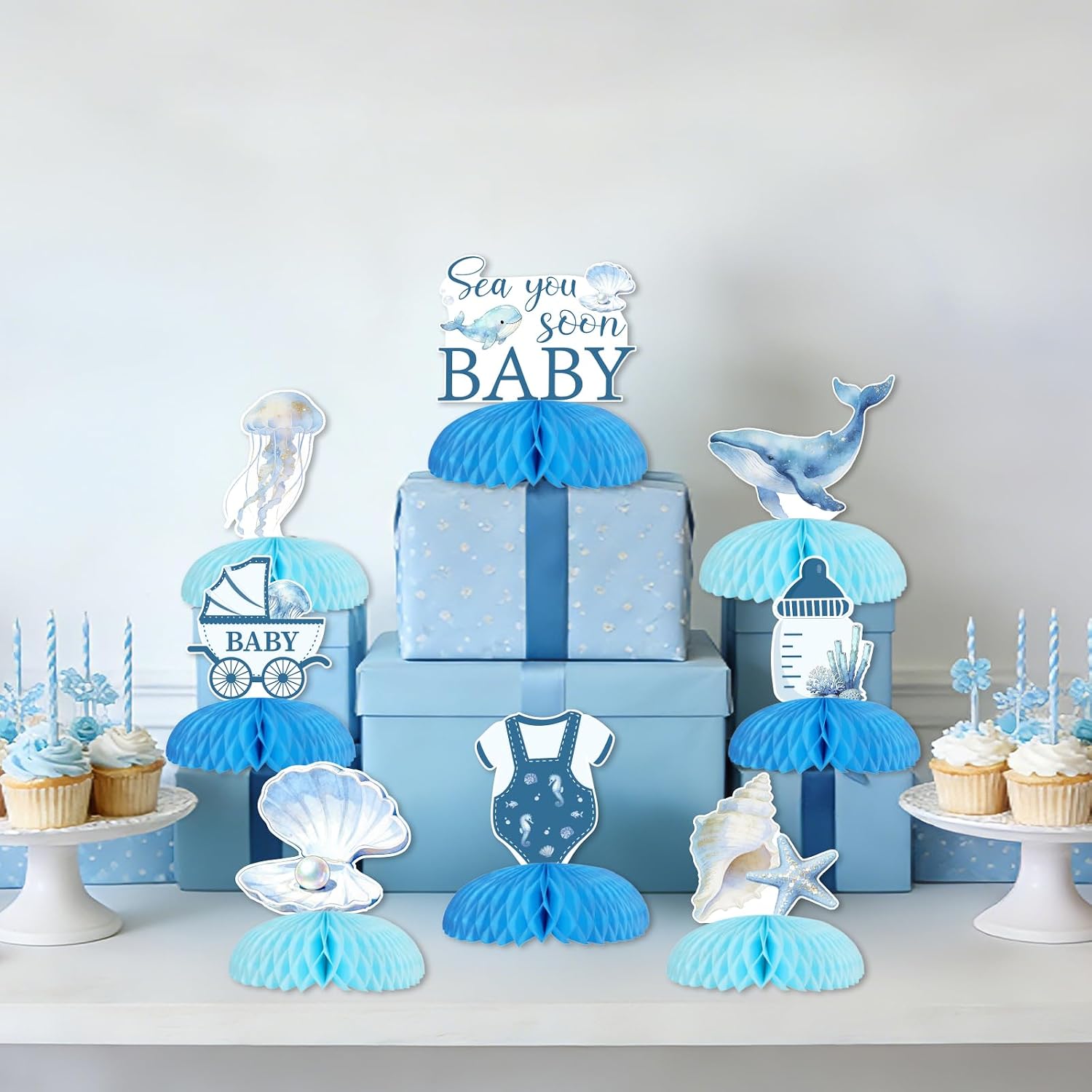 Jollyboom Sea You Soon Baby Honeycomb Centerpieces – Set of 8 Under the Sea Baby Shower Table Decorations –Ocean Theme Decor for Gender Reveal