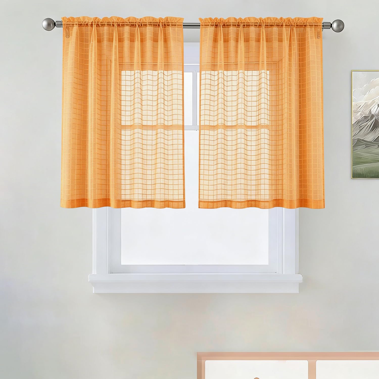 SpaceDresser Check Sheer Curtains 36 Inches Long for Living Room, Rod Pocket Plaid Semi Sheer Drapes for Kitchen Bedroom（Orange, 52W x 36L） — image 1