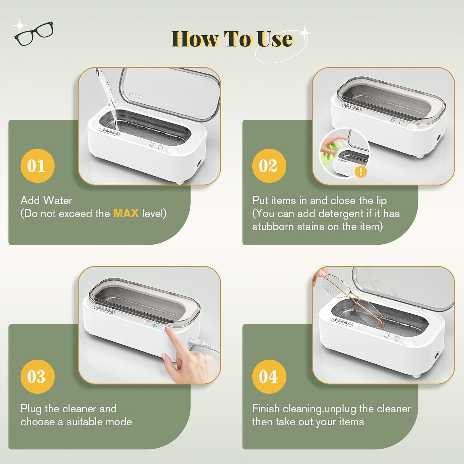 Nettoyeur Ultrasons Lunettes, 48KHz Nettoyeur Ultrason Bijoux avec 2 Modes de Réglage, 350ml Nettoyeur a Ultrasons Professionnel pour Lunettes, Bagues, Boucles D'oreilles, Colliers, Bracelets, Montre