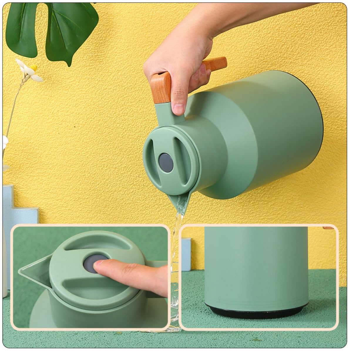 Luxshiny Botella Térmica de Agua Aislamiento de 1l, Mango de Madera y Vidrio, Capacidad Grande, Diseño Simple y Fácil de Usar para Conservar el Calor en Casa