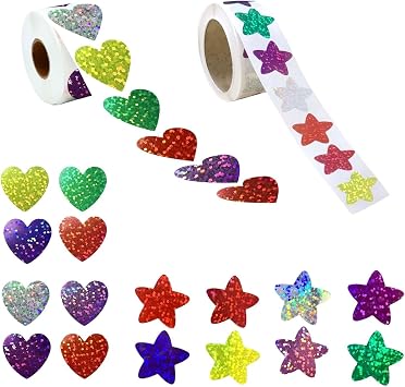 Pack of 1000 Glitter Stickers 500 Star Stickers 500 Glitter Heart Stickers Roll 2.5 cm Children's Self-Adhesive Stickers Reward Stickers for School