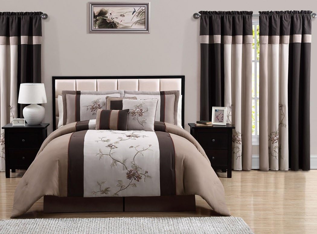 Amazon.com: Chezmoi Collection Vienna 7-Piece Coffee Brown Embroidered ...