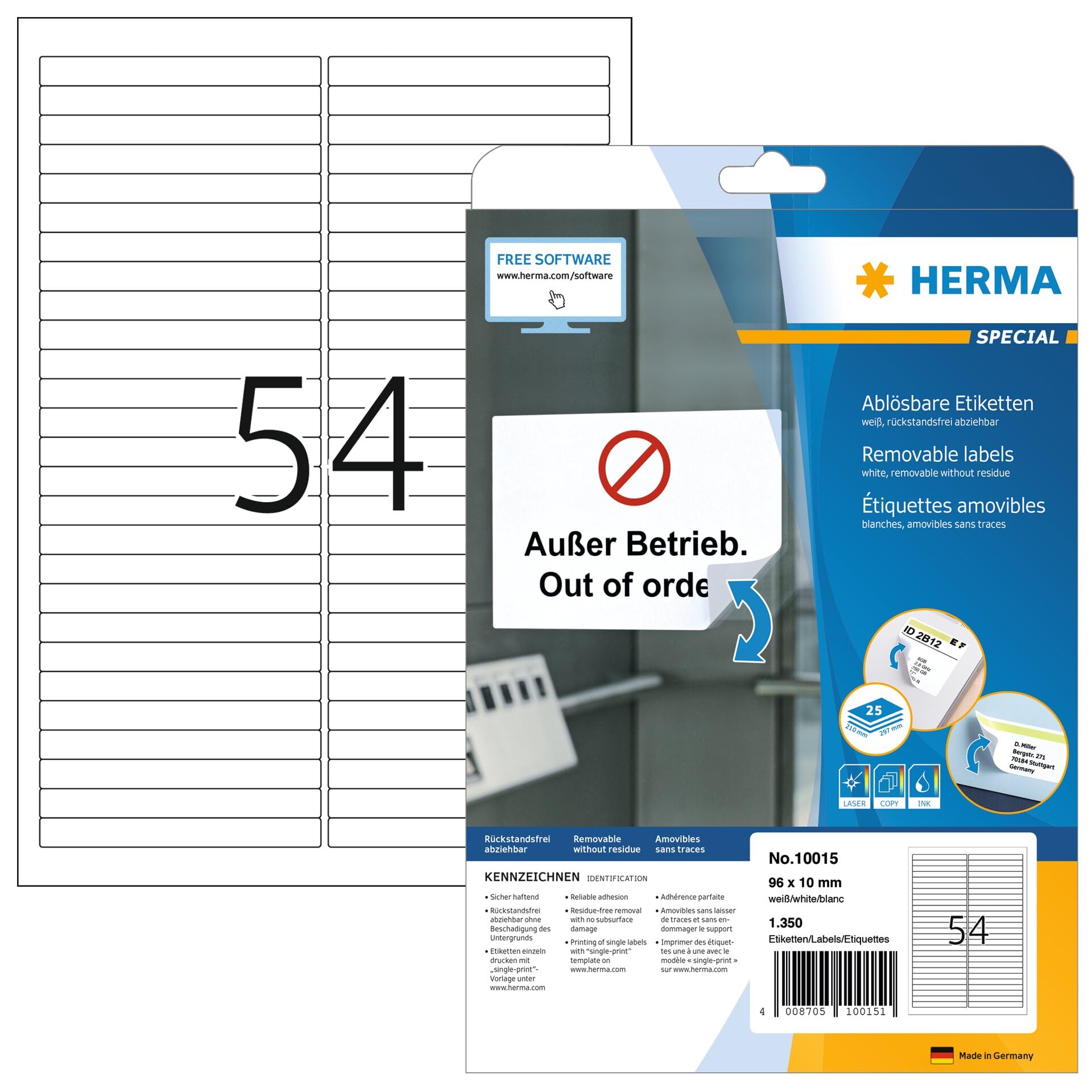HERMA 10015 paski do opisywania odklejane, 800 arkuszy, 96 x 10 mm, 54 arkusze A4, 43200 sztuk, samoprzylepne, do zadrukowania, matowe, czyste naklejki samoprzylepne, białe