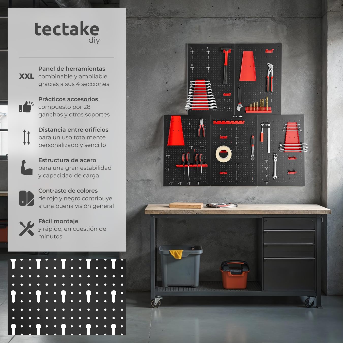 tectake® Organizador de Herramientas de Pared, Panel Perforado, Estantería de Taller con Ganchos, Banco de Herramientas, Herramientas Bricolaje, Tablero Perforado - 5 Tableros
