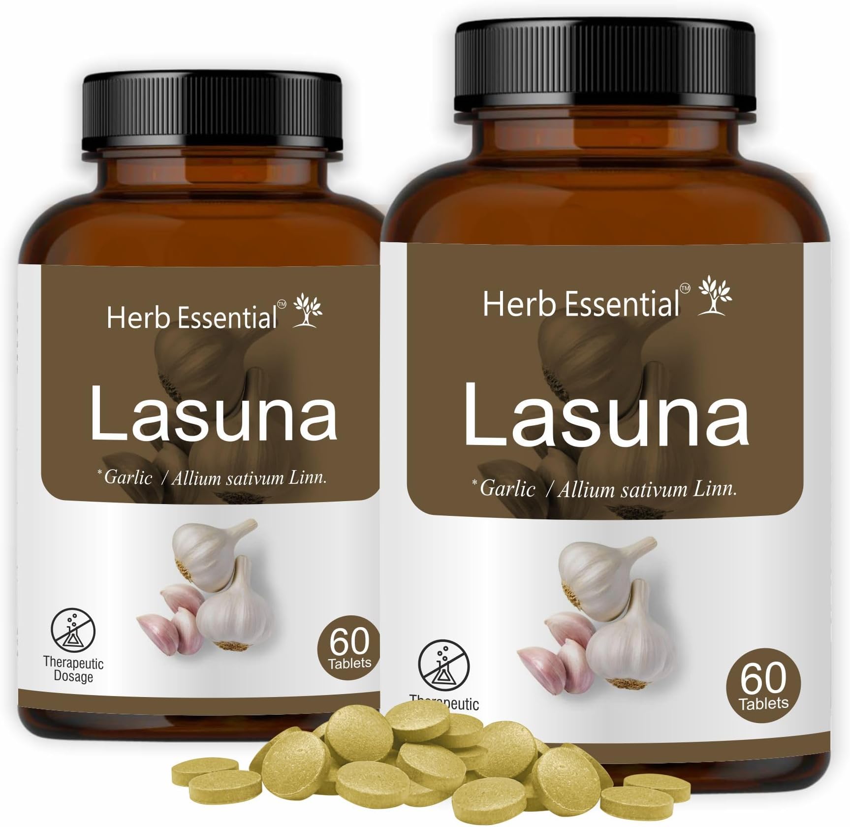 Herb Essential Lasuna (Garlic) Tablets 500mg - 2 x 60 tablets, 120 Tablets| Heart & Cardiovascular Health, Blood Pressure & Cholesterol Support, Immunity, Antioxidant, Digestive & Detox Aid