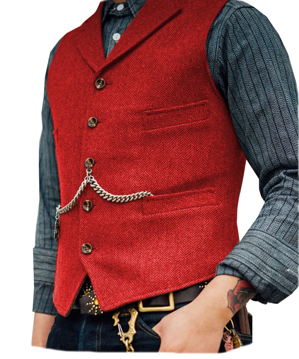 Mens Classic Wool Tweed Suit Vest Casual Sleeveless Jacket Herringbone Waistcoat for Tuxedos, Red, XXL