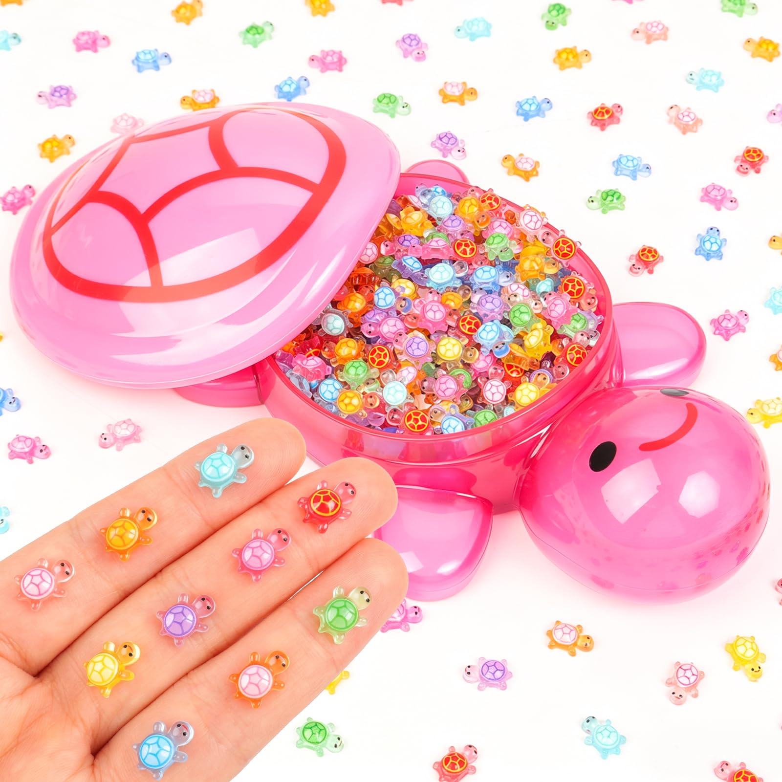 300PCS Luminous Tiny Turtles with 1 Pc Luminous Jumbo Resin Turtle(Pink) for Crafts Dollhouse Miniatures Mini Plastic Turtle Bulk for Fairy Garden Aquarium Micro Landscaping Decoration(8 * 12mm)