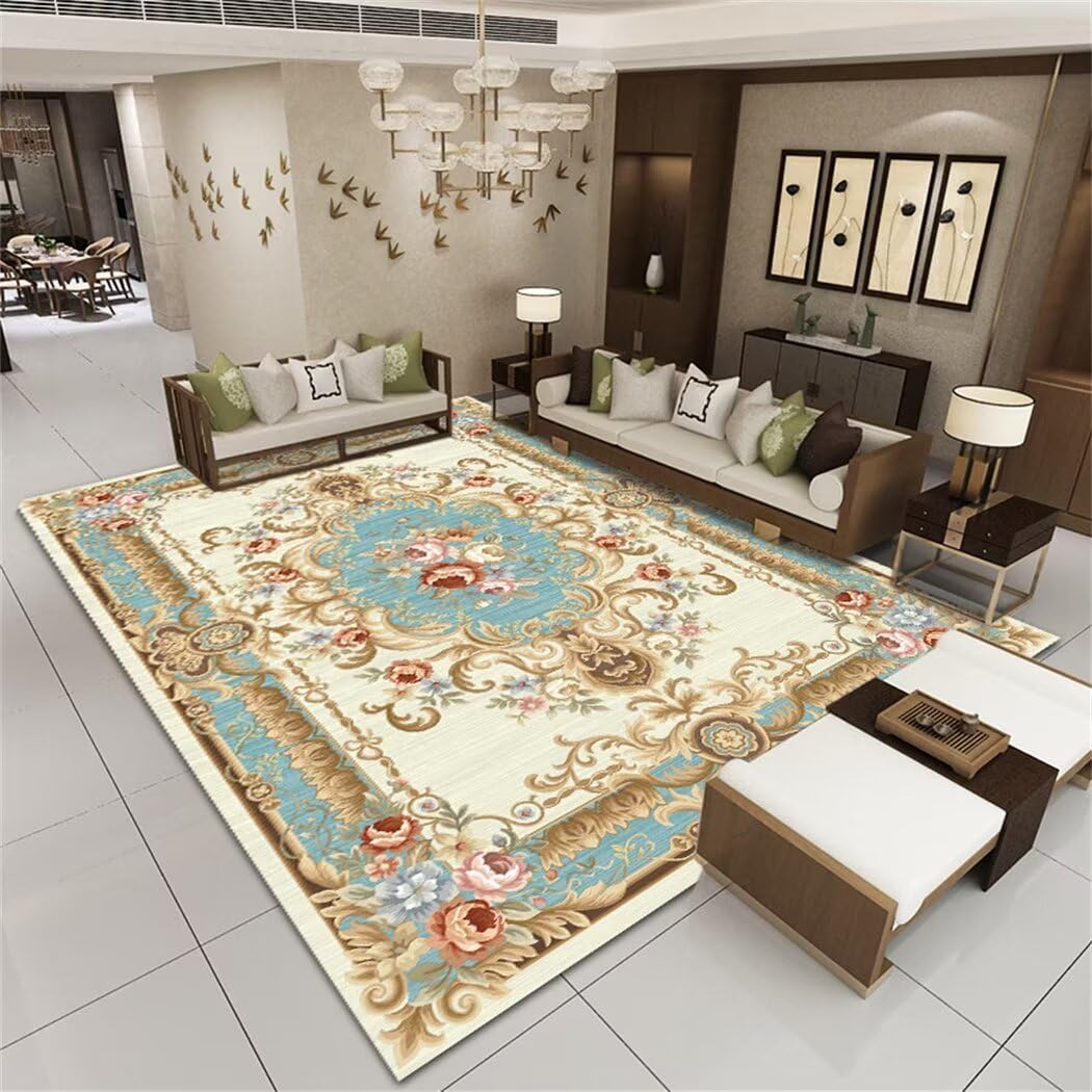 Tapis enfant chambre floral vintage bleu grand modèle 150x200 pour salon
