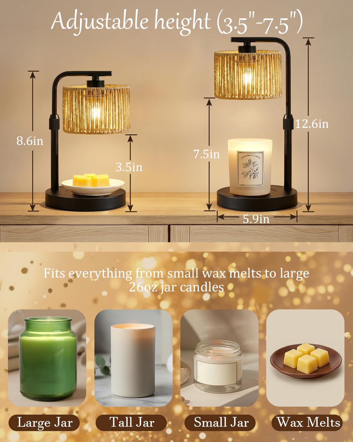 Lampada riscaldante per candele, dimmerabile con timer, altezza e luminosità regolabili, paralume in rattan boho e 2 lampadine, adatta per decorazione domestica, regalo di compleanno per donne e mamme