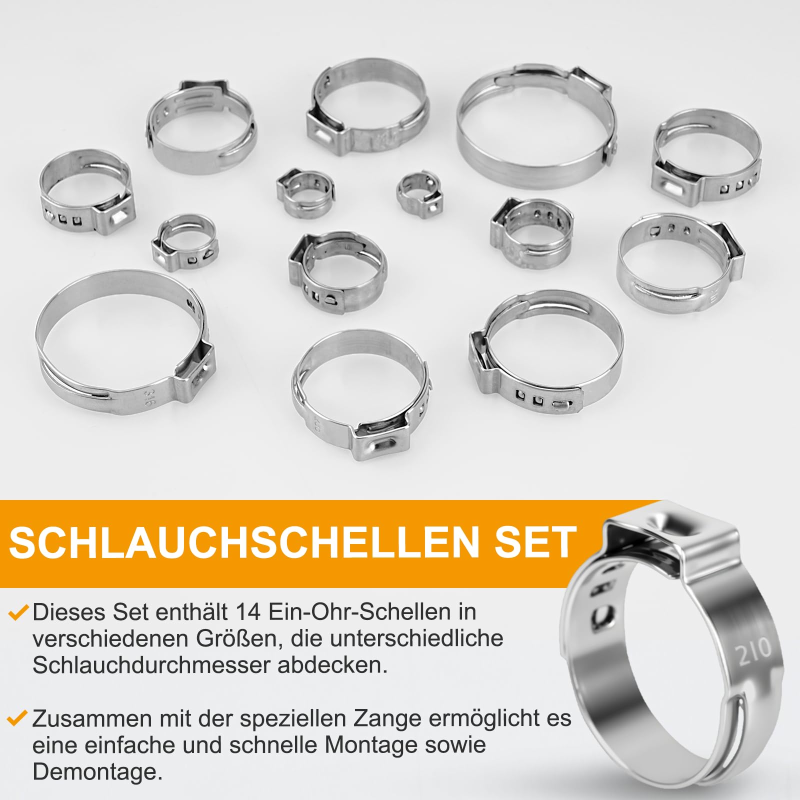 160PCS Einohr-Schlauchschellen aus Edelstahl mit Schlauchklemmzange – 14 Größen (5.3-33.1mm) | Robuste Klemmschellen für Schläuche