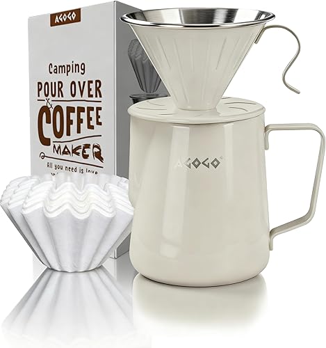 Miniatura 15 de AGOGO Cafetera portátil de goteo V60 - Juego fácil de limpieza compacto gotero de acero inoxidable 304 para acampar y 50 filtros de papel y paño de