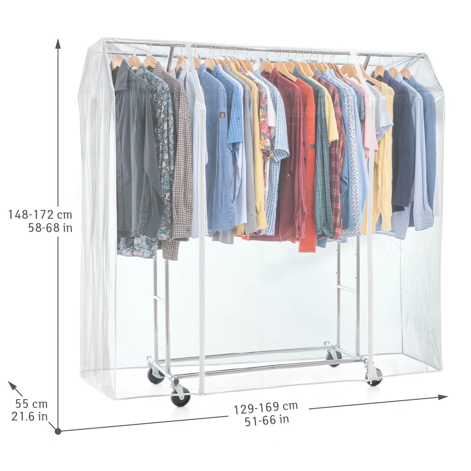 Tatkraft Denver & Safe - Stender Appendiabiti con Copertura, Doppio Barra, Portata 110kg, Appendiabiti con Ruote, 129–169×55×148–172cm Acciaio Cromato