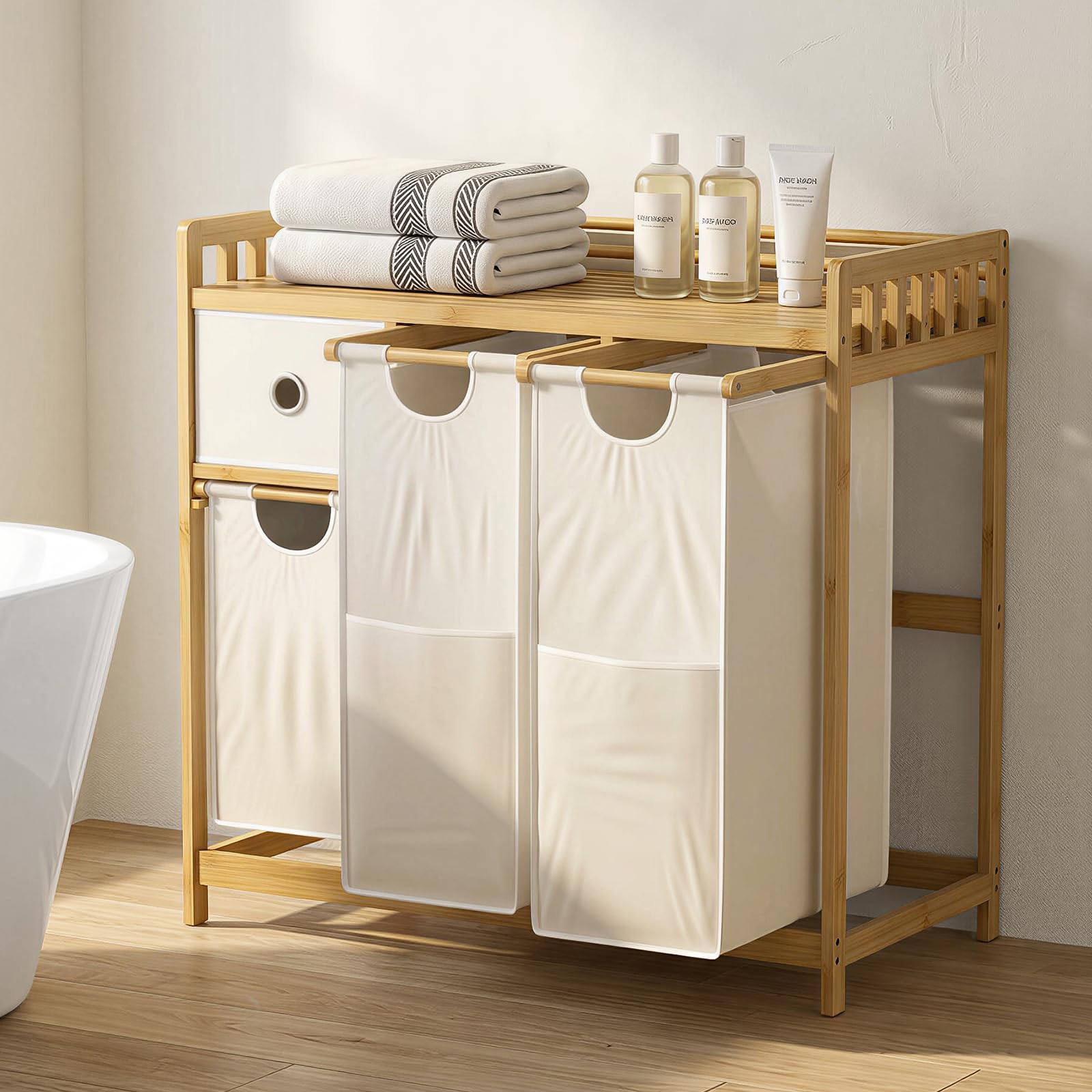 Wäschekorb 3 Fächer Bambus, Wäschesammler 127 L, Wäsche Sortiersystem, Wäschesortierer mit Schublade, Wäscheregal, Wäschesack für Bad Schlafzimmer Waschküche 78 x 41 x 78 cm