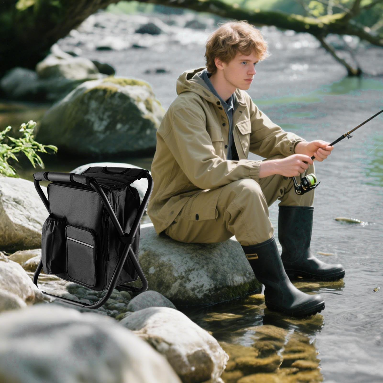 Sgabello Pieghevole Portatile Seduta Da Esterno Con Borsa Termica Isolante | Sedia da Pesca con Zaino Incluso per Viaggi, Escursionismo, Pesca, Spiaggia, Giardino e Balcone
