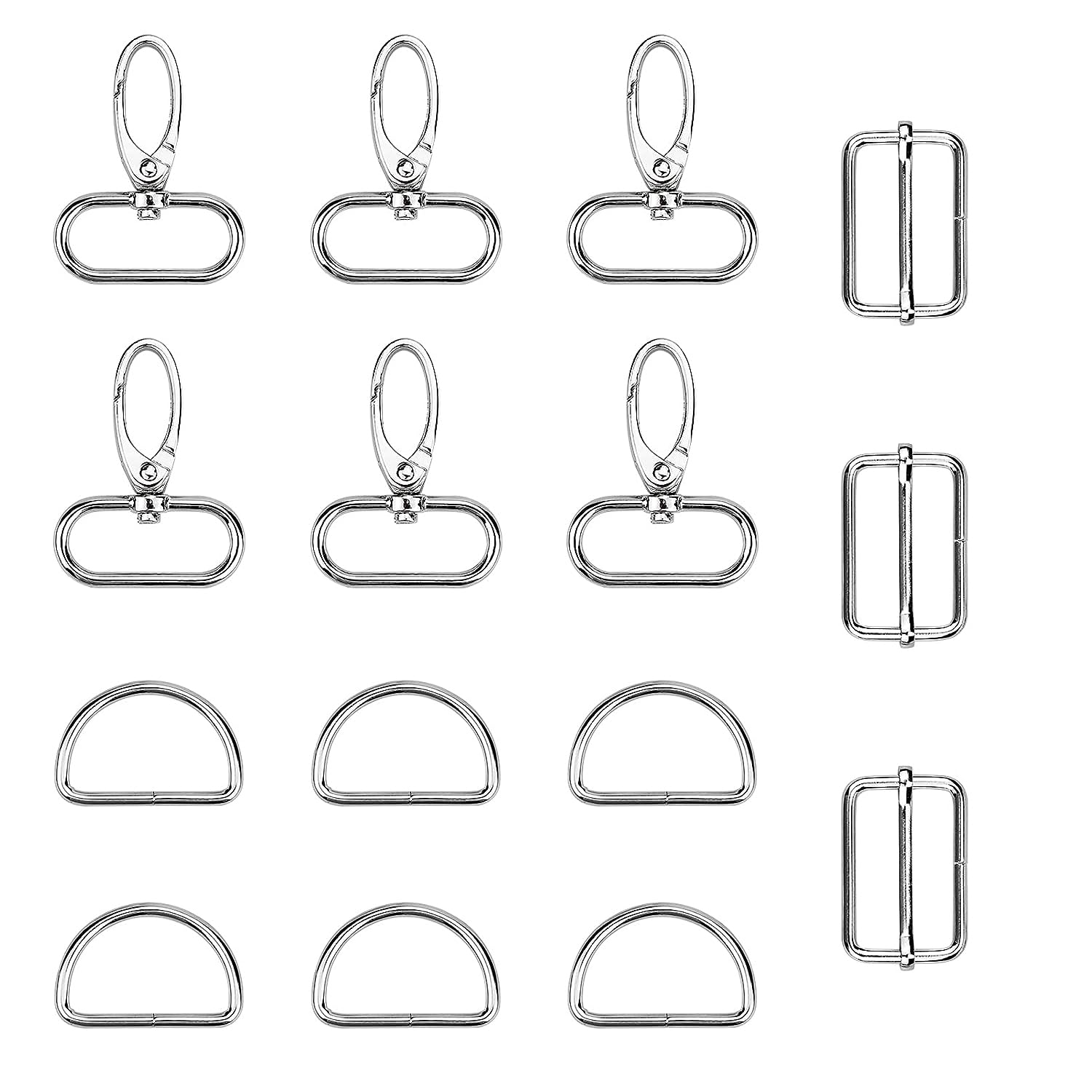 Bag Making Hardware Kit 1.5 Inch/38mm, 15pcs Include Swivel Snap Hooks Carabiner Keychain - Metal D Rings - Slide Buckles Rectangle Adjuster for DIY Bag Strap Dog Collars