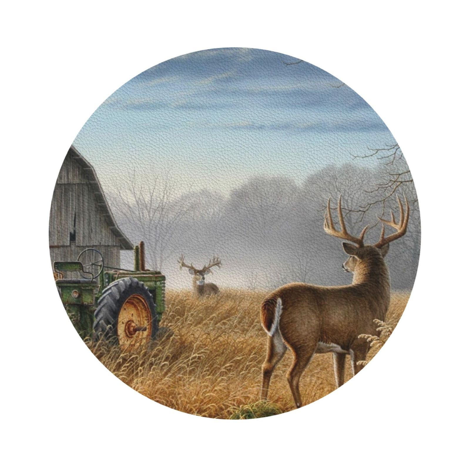 Farm with deer PU Leather Coasters Set of 6 Round Drink Coasters