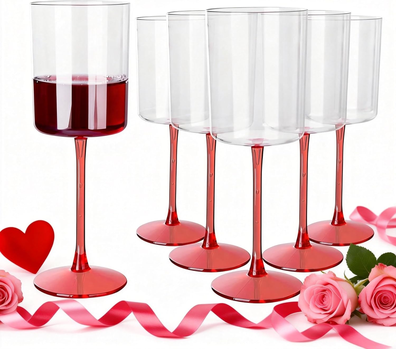 Ciaell 12 Pack 10 Oz Clear Plastic Wine Glasses with Red Stem - Disposable Cocktail Goblets Perfect for Parties & Weddings & Poolside & Outdoors & Camping & Party & Valentine's Day