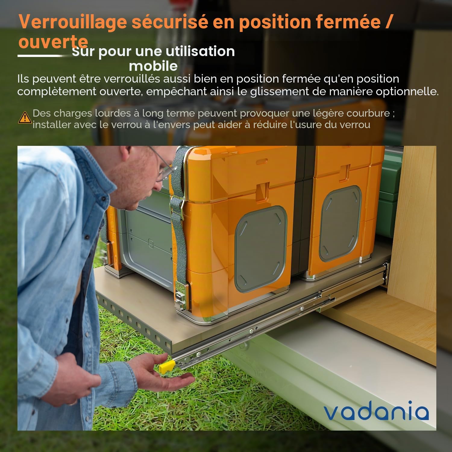 VADANIA Glissières de tiroir robustes de qualité industrielle de 1300 mm avec serrure #D76, élargissement de 76 mm, capacité de charge jusqu'à 148 kg, montage latéral, 1 paire