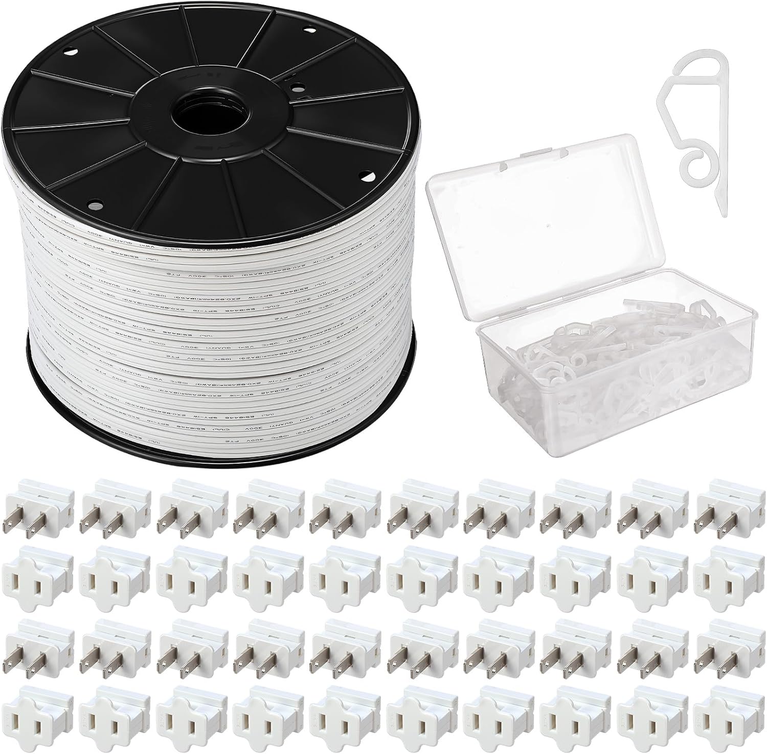 141 Pcs 500FT SPT-1 Electrical Wire with Female and Male Plugs and Light Clips Weatherproof 18AWG 2-Conductor Wire for Indoor Outdoor Light String Lamp Cord Holiday Party Supplies White
