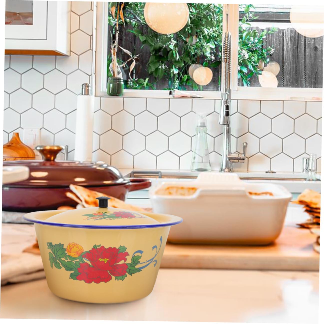 TIDTALEO Vintage Enamel Lard Pot with Lid 1.4L 19.5Cm Enamel Bowl Oil Basin Floral Pattern Kitchen Serving Bowl for Home Cooking