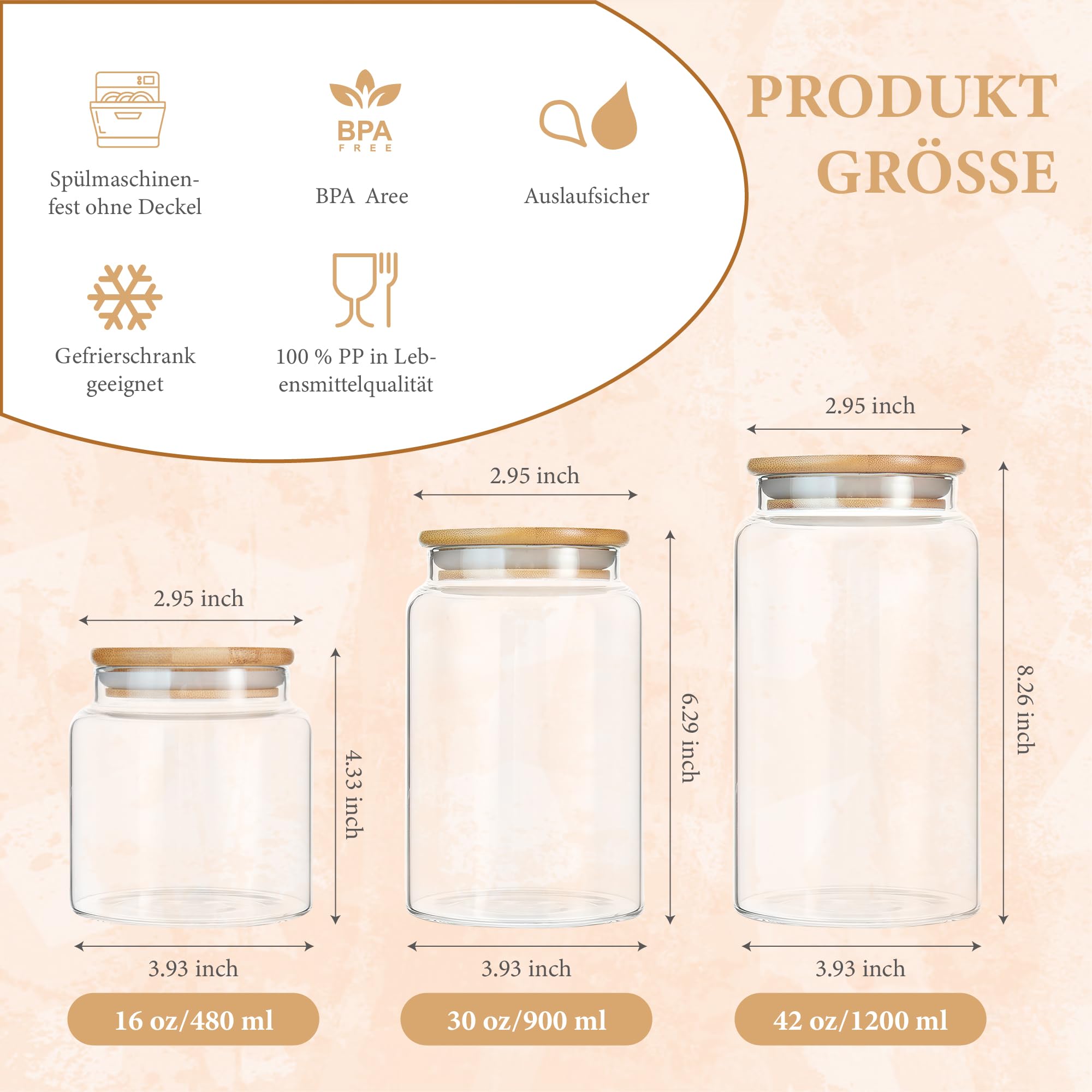 Set di 3 barattoli in vetro con coperchio, 900 ml, con coperchio ermetico in bambù, contenitori decorativi da cucina per cereali, pasta, farina, chicchi di caffè, overnight oats, medio