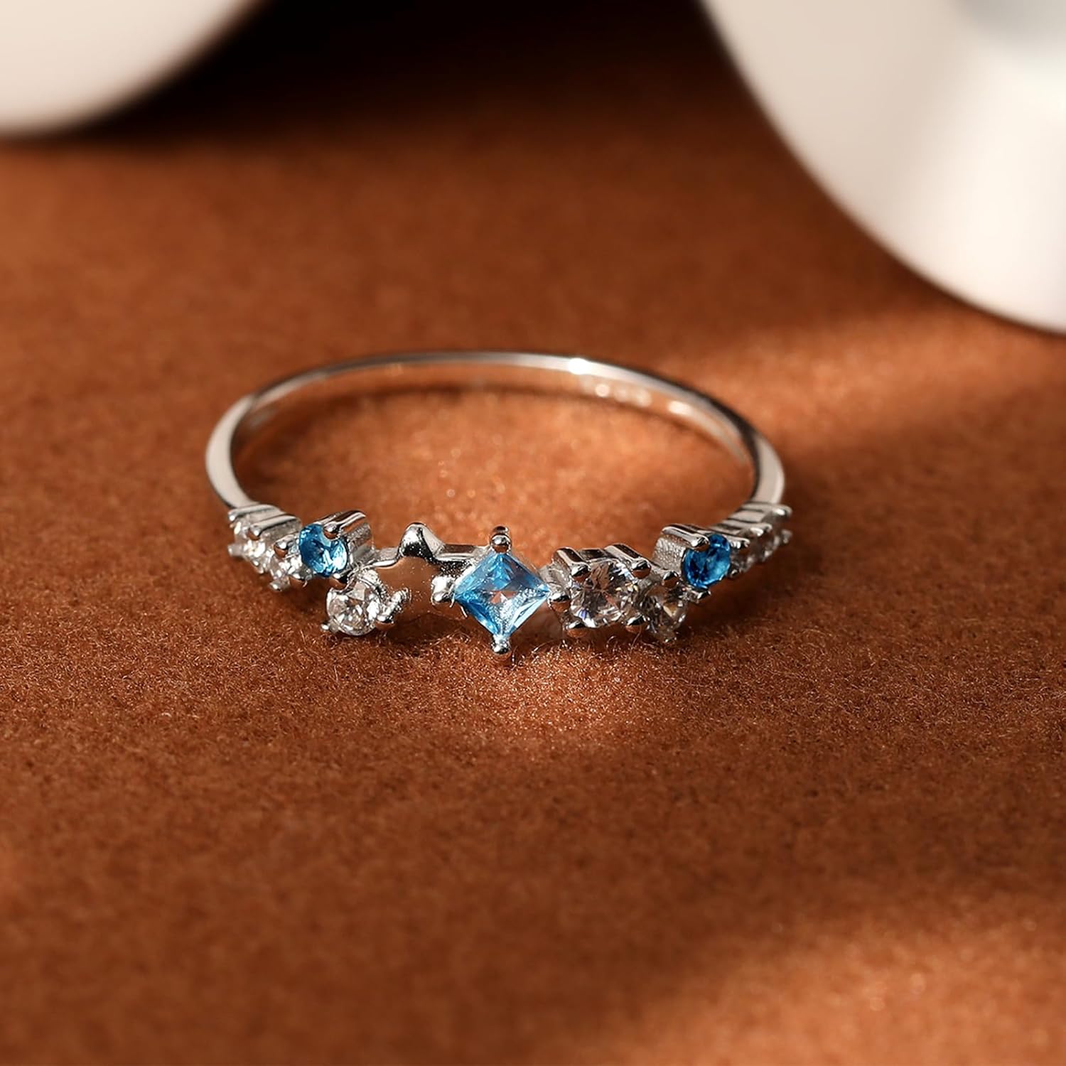 Star CZ Engagement Ring for Women,S925 Sterling Silver Blue Cubic Zirconia Stackble Birthstone Eternity Ring Wedding Band Statement Ring for Best Friends As Birthday Mother’s Day Jewelry Size 5 to 10