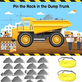 Pin The Rock in The Dump Trunk Construction Stickers Game - 24 Stone Stickers, 2 Blindfolds, and Large Poster - Perfect Construction Party Favors Supplies