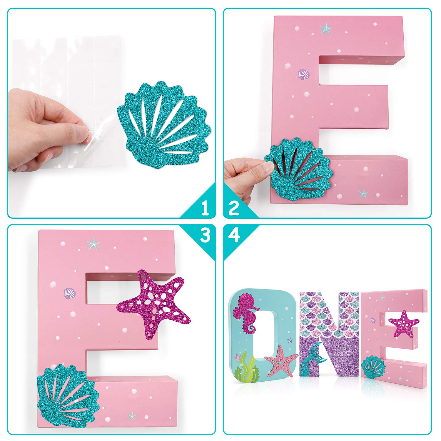 Mermaid ONE Letter Sign Little Mermaid First Birthday Decorations Cake Smash Photo Props Paper Mache Freestanding Decorative Letter Set for Under the Sea Girl Birthday Party Supplies