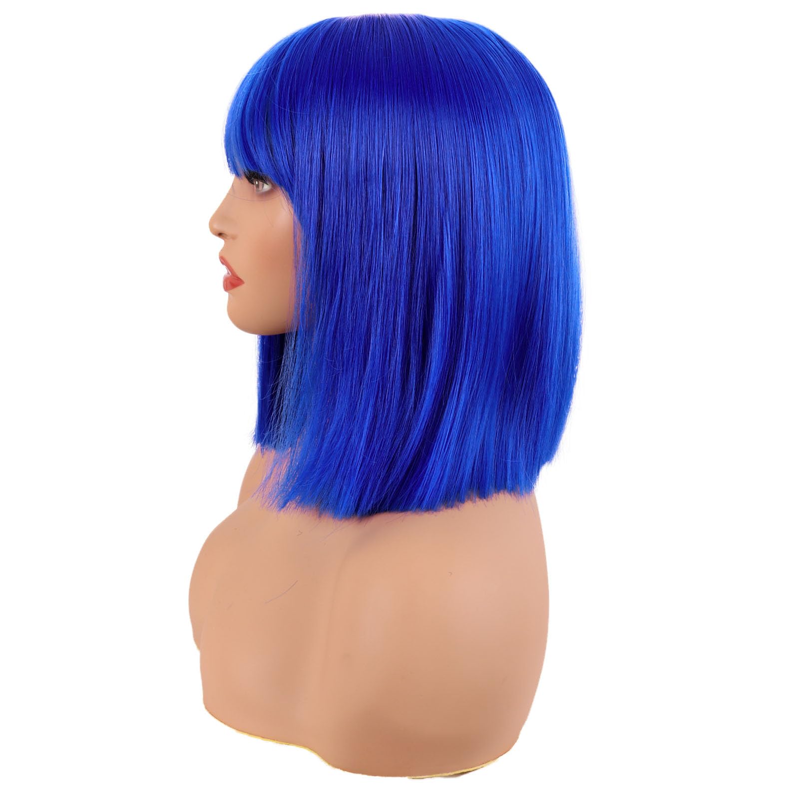 MapofBeauty 12 Inch/30 cm Straight Bob Flat Bangs Short Colorful Synthetic Hair Cosplay Party Wig (Navy Blue) - Image 2