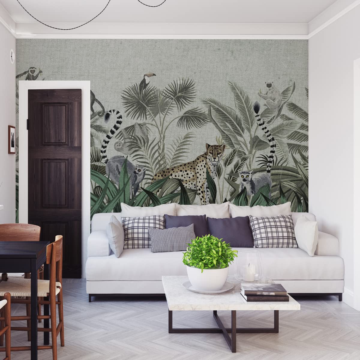 Fototapeta z włókniny, natura, dżungla, rośliny monstera, zwierzęta, 312 x 219 cm, nowoczesna tapeta XXL, małpka, ptaki, salon, sypialnia, biura, korytarz, tapeta ścienna szer. 312 cm x wys. 219 cm