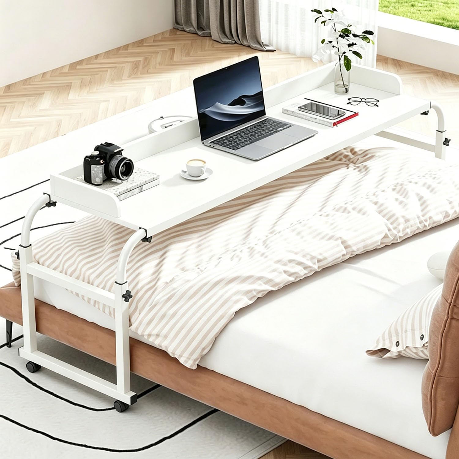 GXQFC Overbed Rolling Desk with Anti-Drop Surround Edge, Height Adjustable Movable Cross-Bed Table, Lockable Casters Wide Desktop for Working and Eating in Bed(Color:White)