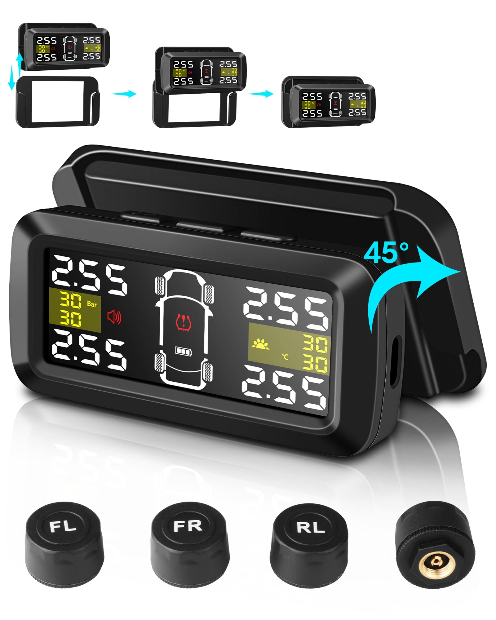 Jansite Upgraded TPMS Tyre Pressure Monitoring System Wireless Solar 4/2 Wheel Switch Modes Accuracy 0.01 Bar 21-87Psi Tyre Pressure Monitor 6 Alarm Mode with Detached Bracket and 4 External Sensors