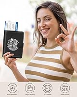 Vista 6 de Slohif Funda para pasaporte para viajes, para mujeres y hombres, bloqueo RFID, protector de pasaporte para tarjetas de tarjeta de embarque, Negro