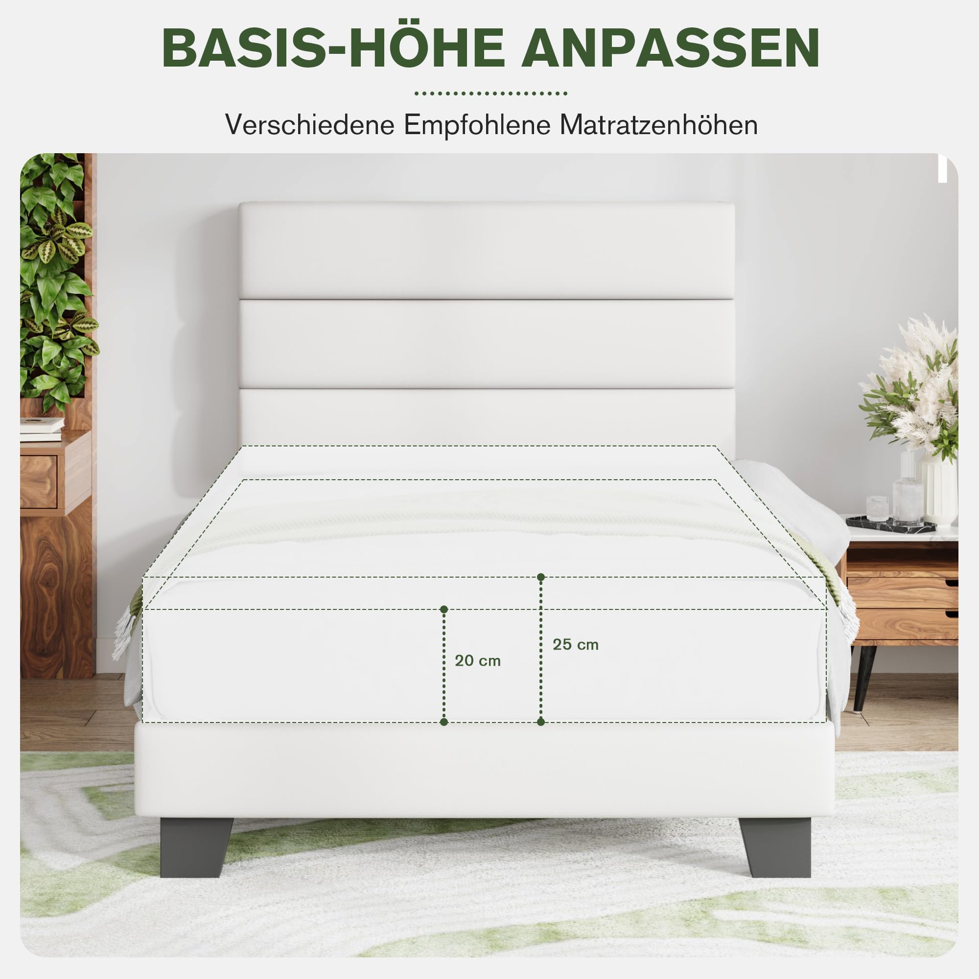 MUTICOR Polsterbett 90x200 cm Samt mit gepolstertem Kopfteil, Weiß