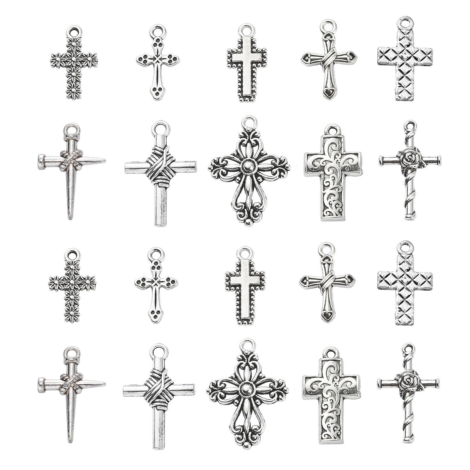 Stiesy 100pcs 10 Styles Crucifix Cross Charms Tibetan Silver Antique Dangle Charms for Jewelry Making DIY Crafts Gift