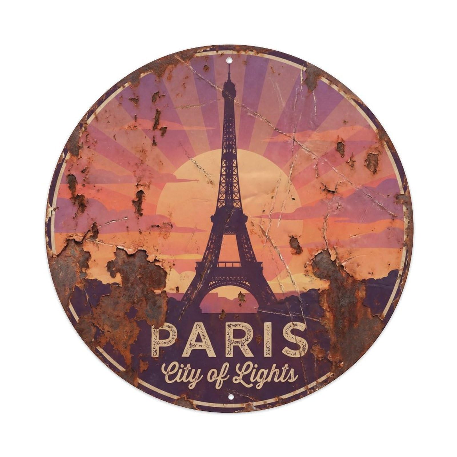 Vintage Travel Eiffel Tower Sunset Metal Tin Sign Plaque Wall Decor for Cafe, Club Bar, Office, Home Garden Round Metal Poster 8x8Inch