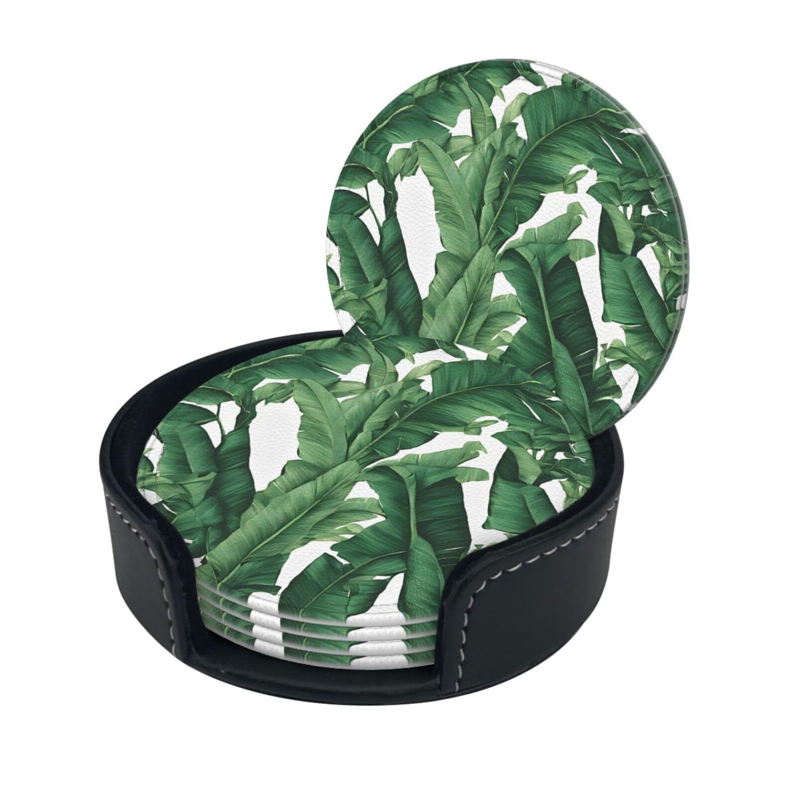 Tropical Banana Palm Leaf Print Coaster,Round Leather Coasters with Storage Box for Wine Mugs,Cold Drinks and Cups Tabletop Protection (6 Piece)