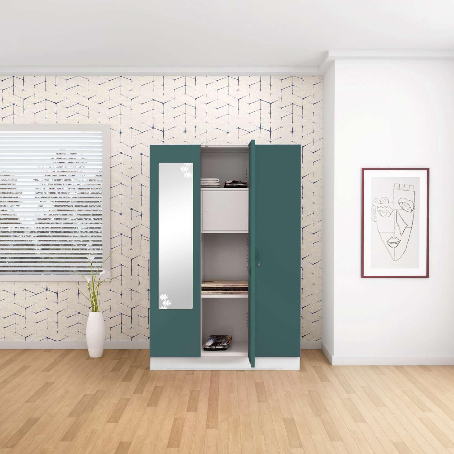 GODREJ INTERIO Almirah Slimline 3-Door Steel Almirah, Cupboard for Clothes (Textured Sea Pine), 1-Year Warranty, 7 Shelves, 1 Locker, Star Design Mirror-image-14