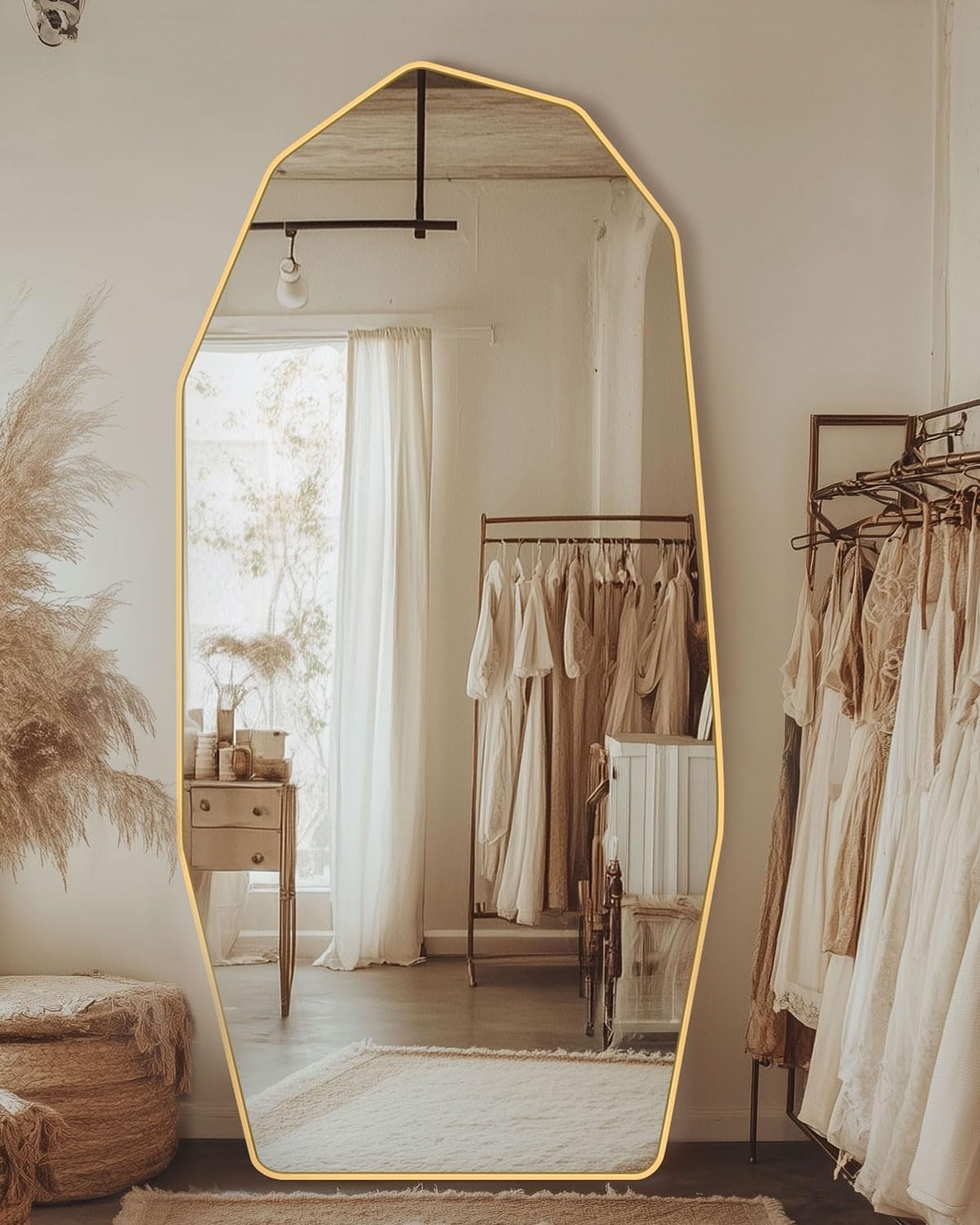 Full Length Mirror, 76" x 34" Full Body Large Standing Mirror, Diamond Shaped, Free Standing, Wall-Mounted or Leaning, Decorative Large Mirrors for Home Bathroom Living Room, Gold