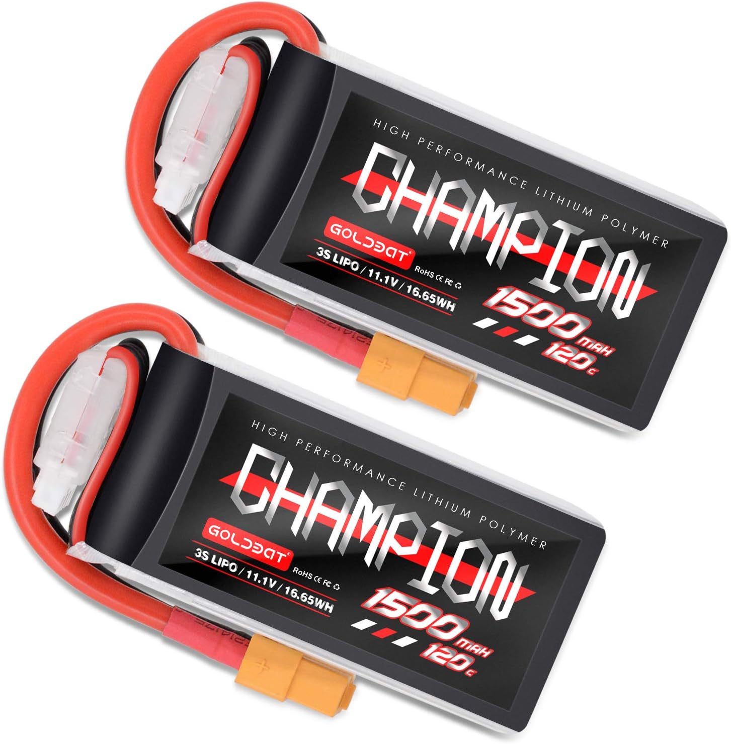 GOLDBAT Champ Series 1500mAh 3S 120C 11.1V LiPo Battery Pack with XT60 Plug for Axial Capra, FPV Racing (2 Pack)