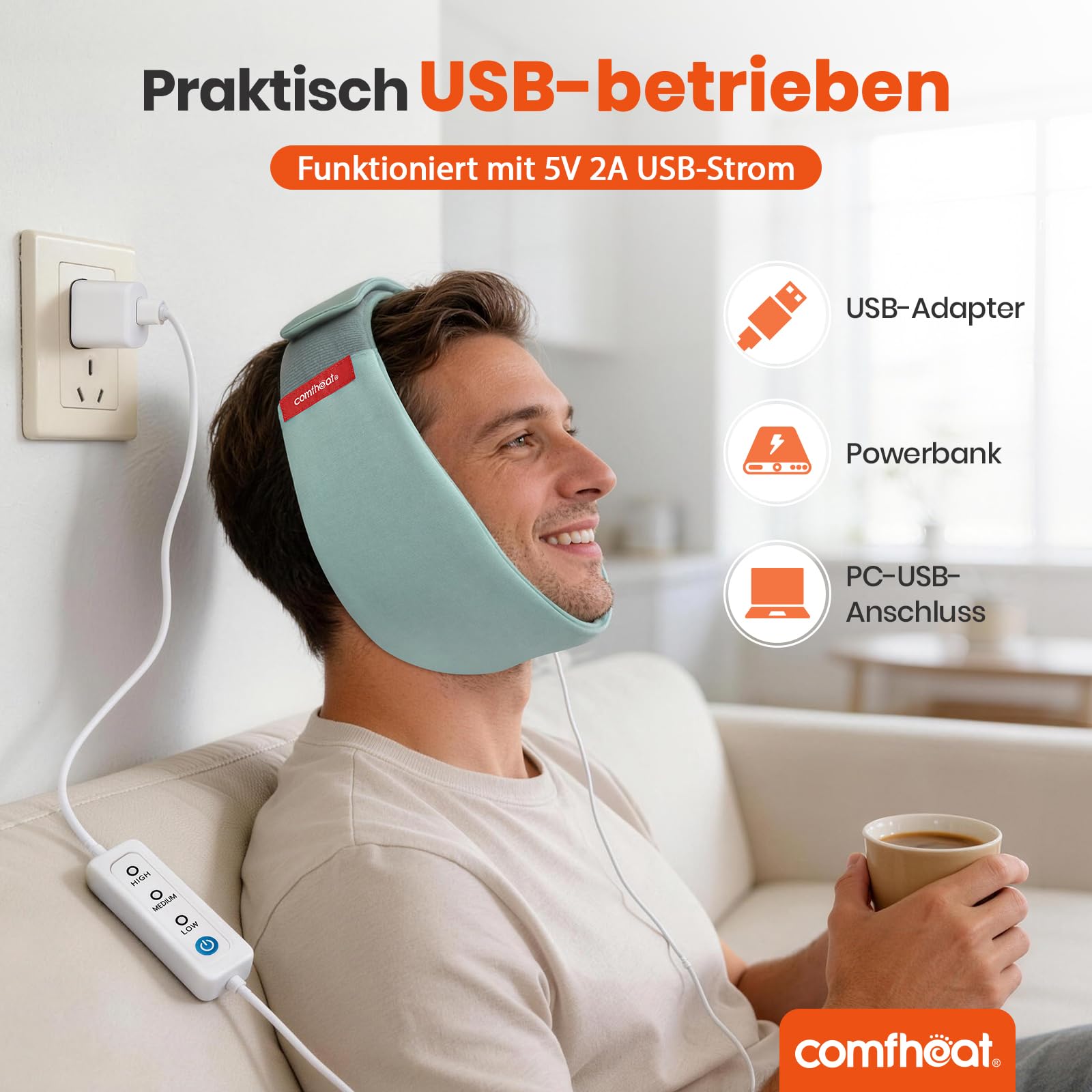 Almohadilla de calefacción facial para TMJ Alivio, envoltura facial calentada por USB para mandíbula, barbilla, restauración de dientes de sabiduría, 3 ajustes de calor ajustables, máscara