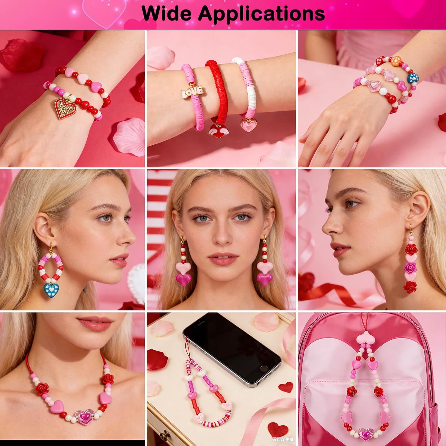 1650Pcs Valentine’s Day Beads for Bracelets Jewelry Making, Pink Red Clay Beading Kit Assorted Acrylic Heart Rose Flower Round Spacer Beads XOXO Love Heart Charms for DIY Necklace Earrings Phone Strap - Image 4