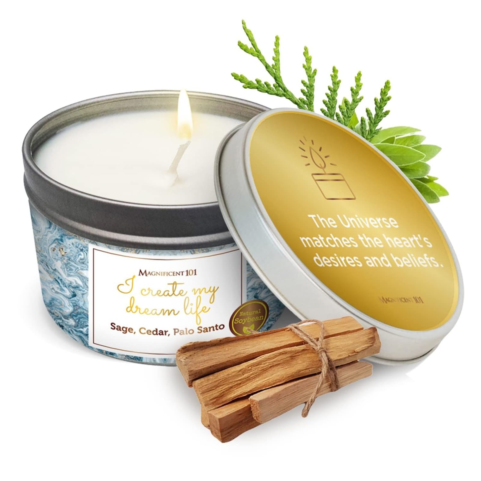 MAGNIFICENT 101 Affirmations Sage, Cedar, Palo Santo, Sprinkle of sage Leaves Smudge Candle for House Energy Cleansing, Banishes Negative Energy - Soy Wax Tin Candle (I Create My Dream Life)