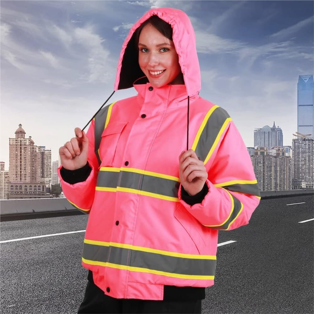 Chaleco Seguridad Chaqueta Acolchada For Hombre con Cinta Reflectante Y Cremallera Completa con Capucha Extraíble Reflectante Seguridad(XL)