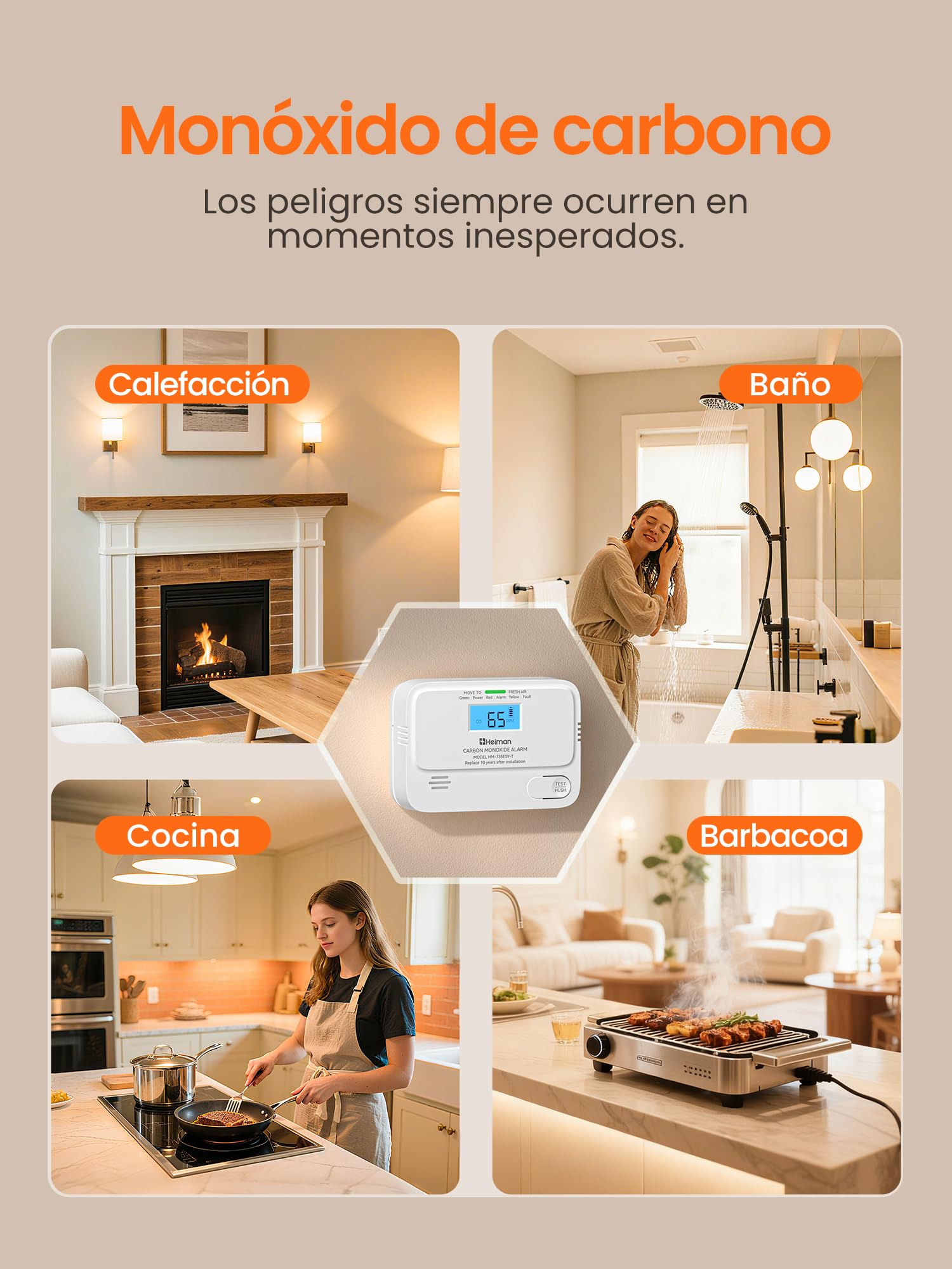 Heiman Detector de monóxido de carbono con pantalla LCD digital, 2 unidades | Detector de monóxido de carbono con batería de 10 años, detector de CO para el hogar, alarma CO BSI, norma EN 50291