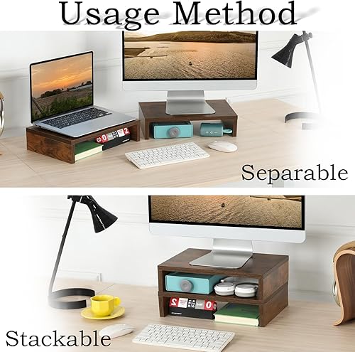 Miniatura 2 de TEAMIX Elevador de monitor - Paquete de 2, soporte ajustable de madera marrón rústico para 2 monitoresportátilPC