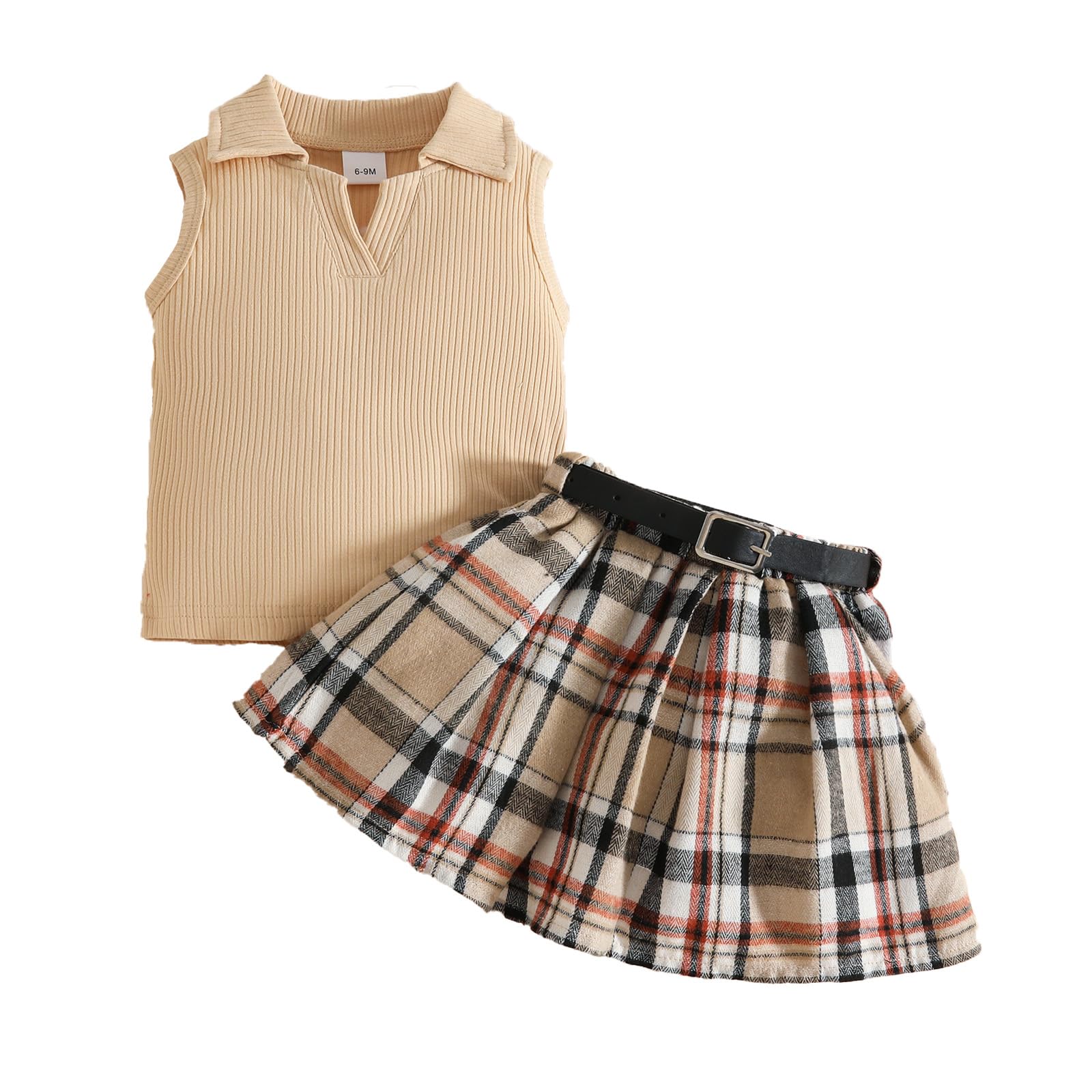 3Pcs Ensemble Bébé Fille Sans Manches Haut Tops + Elegante Mini Jupe à Carreaux + Ceinture 3 Pièces Rode Été Vêtements Tenues