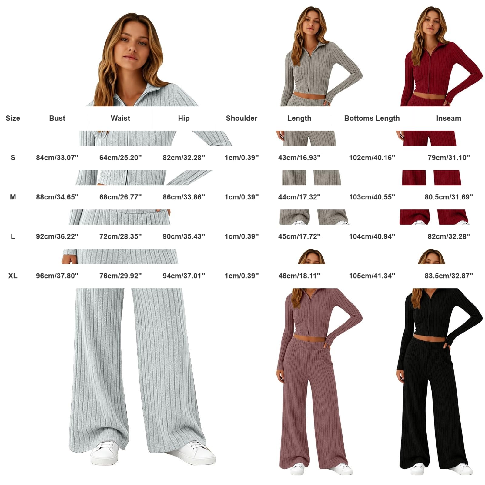 Set da donna in due pezzi, elegante, tuta sportiva da donna, 2 pezzi | felpa corta con cappuccio a costine e chiusura lampo, slim fit, tuta da jogging, pantaloni per il tempo libero, tuta sportiva
