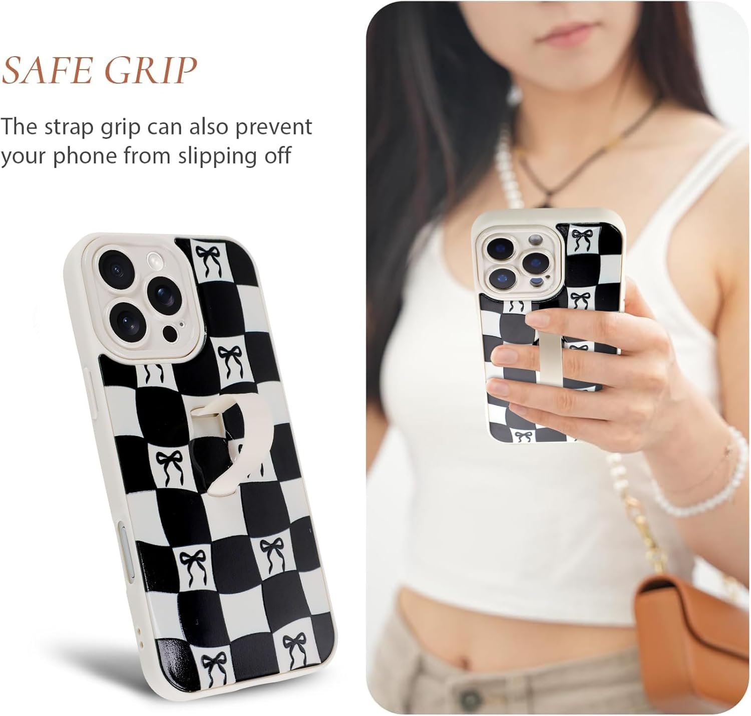 Checkered Case for iPhone 16 Pro Max with Finger Strap Kickstand Cute Checkerboard Bow Phone Case for Women Girls, Full Camera Protection Shockproof Cover for 16 Pro Max 6.9 inch, White - Image 3