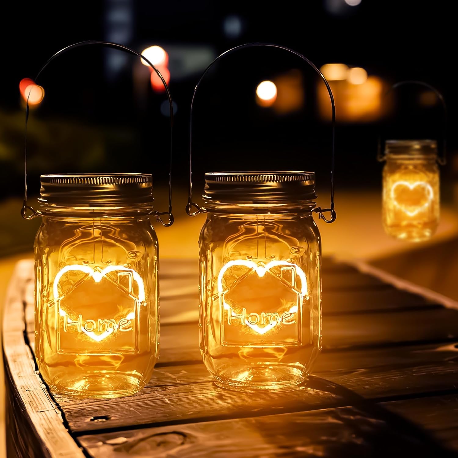 Halloween Christmas Projector Lights, Hanging Solar Mason Jar Lights, 4 Pack Heart Shape Lights, Solar Lanterns Outdoor Waterproof, Hangers and Jars Included,Home Patio Party Garden Patio Decor